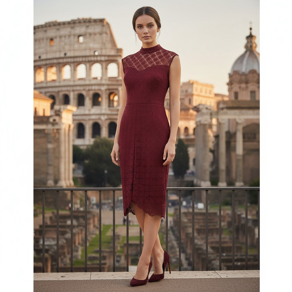BISOU Bisou Sleeveless High Neck Eyelet Lace Midi Dark Cherry Red Dress Size 6